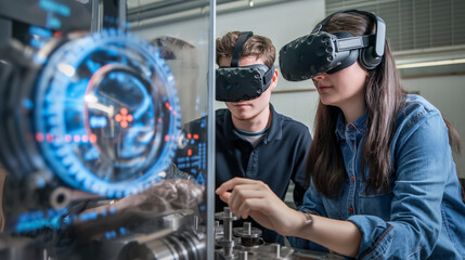 Engineering students using VR headsets to interact with a virtual model of a complex machine, examining its inner workings