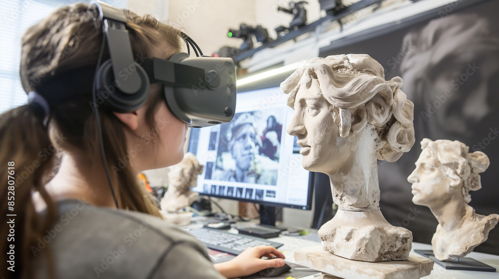 Poster art students creating and manipulating 3d sculptures in a virtual studio, using vr tools for digital