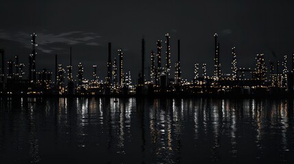 Fototapeta premium Fertilizer plant in an agricultural landscape at sunset. Railroad tanker cars stretched across the image. Night shot with lights on imposed on sunset background.