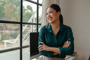 an entrepreneur is in the office, a businesswoman works professionally, an employee is sitting in the office in company at her desk, various posture of office worker