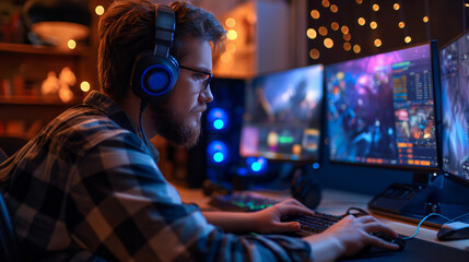 A gaming influencer streaming a live playthrough of a new video game, interacting with followers and discussing game features