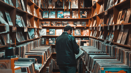Obraz premium An eclectic music store with rows of vinyl records, a customer flipping through the collection with a look of excitement