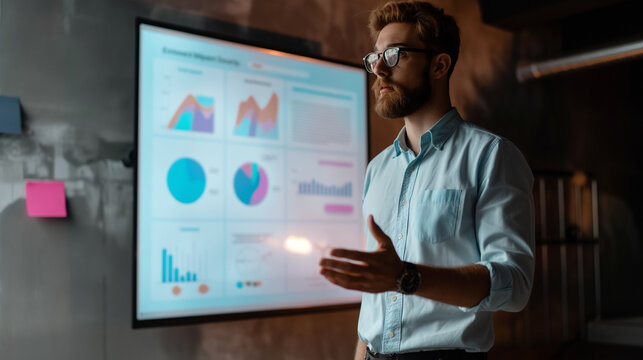 A digital marketer giving a presentation on emerging trends in content marketing, with slides showing interactive content, personalized marketing, and AI chatbots