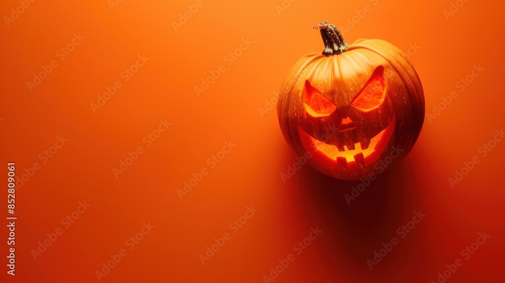 Poster a close-up shot of a carved pumpkin with an illuminated face, set against an orange background. the 