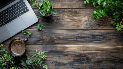 A flat lay image featuring a laptop, a cup of coffee, and potted plants on a rustic wooden tabletop. The image is perfect for showcasing the beauty of nature in a modern setting or for promoting a bra