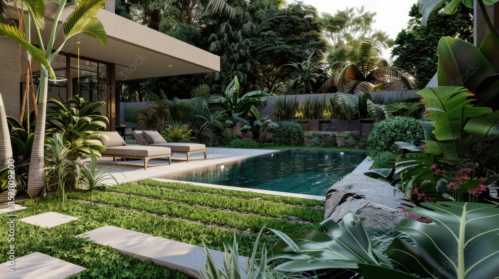 Aufkleber a lush green backyard with a pool and a patio area. the pool is surrounded by grass and there are se