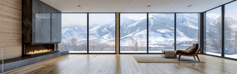 Poster A large room with a fireplace and a view of mountains. The room is empty and has a modern design