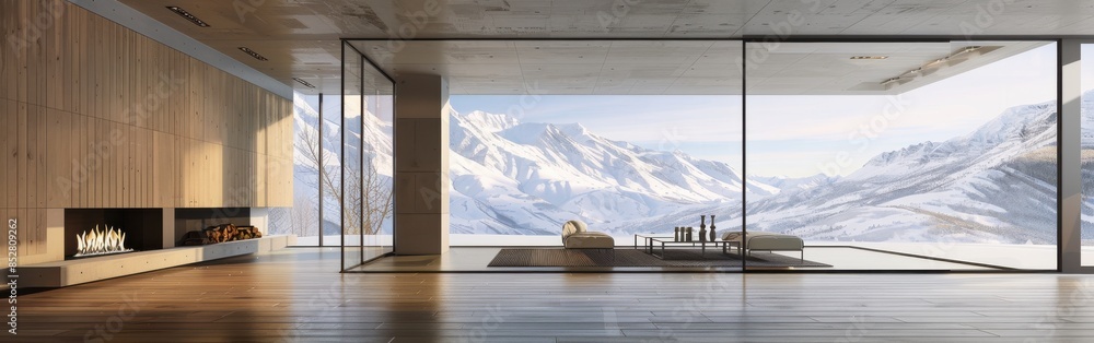 Aufkleber A large open living room with a fireplace and a view of mountains. The room is empty and has a modern, minimalist design