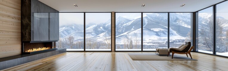 A large room with a fireplace and a view of mountains. The room is empty and has a modern design