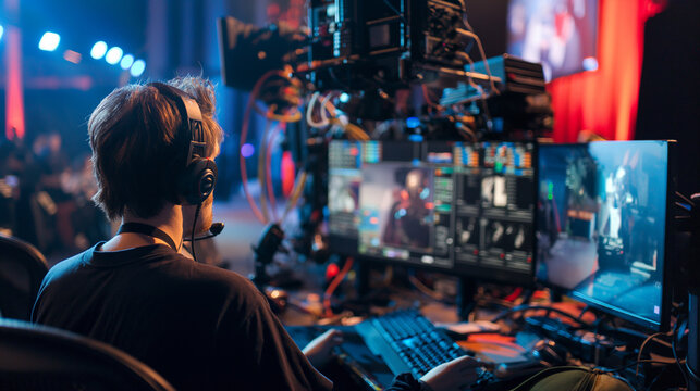 A behind-the-scenes look at an e-sports production crew managing live broadcasts, switching camera angles, and coordinating with on-site staff