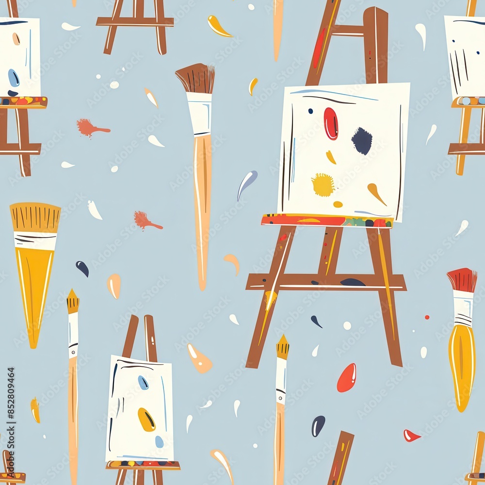 Poster a painting of a blue sky with a bunch of paintbrushes and easels scattered around. the mood of the p