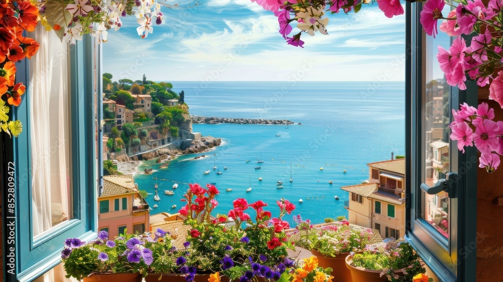 Aufkleber A window view of a beautiful ocean with a colorful garden in front of it