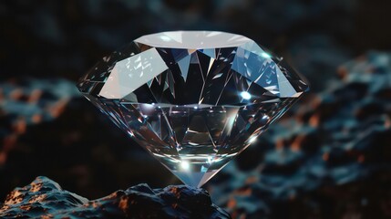 A close-up of a shiny, intricately cut diamond on a dark background. Generative AI
