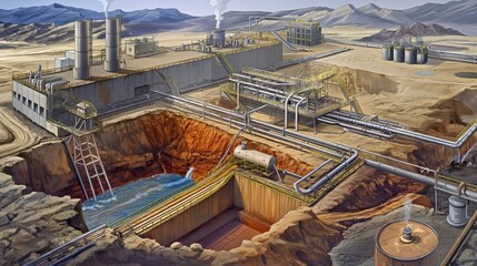 Fototapeta premium Illustration of a sprawling industrial complex in a desert landscape with various pipes, tanks, smokestacks, and a deep excavation site.