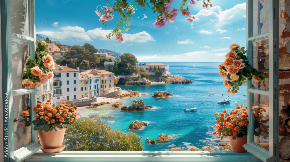 Aufkleber a window view of a beach with a boat in the water. the view is serene and peaceful