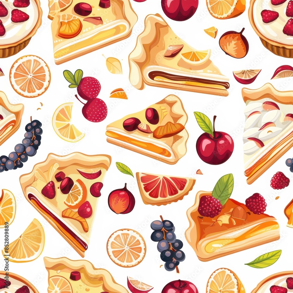 Poster a colorful array of pies and fruit, including apples, oranges, and cherries. the pies are arranged i