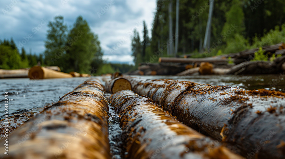 Poster a close-up view of logs floating down a river towards a modern sawmill, showcasing the traditional m