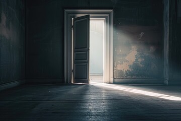 Dark empty room with light coming in through an open door