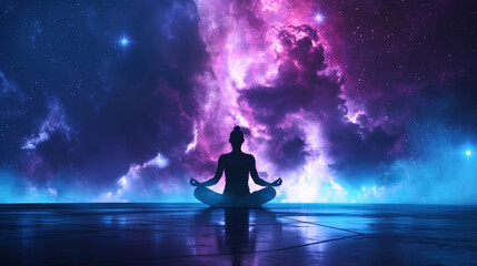 Silhouette of a person meditating in a lotus position against a vibrant cosmic background with stars and colorful nebulae.