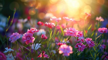 Gorgeous setting with vibrant Snowfire China Doll China Pink and pink Dianthus Dianthus chinensis flowers blooming in a natural field under the bright sun