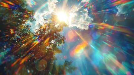 Obraz premium Gazing upward at the soft clouds and sun flare against a colorful blurred natural backdrop
