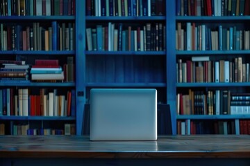 Library desk with books and laptop representing education technology and e learning