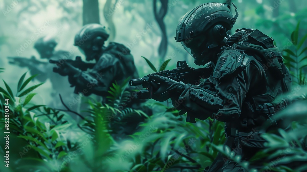 Poster three soldiers in green uniforms are in a jungle, with one of them holding a rifle. the soldiers are