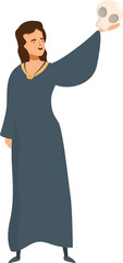 Fototapeta premium Actress in a long robe is holding a skull and performing a scene from hamlet