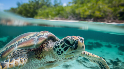Fototapeta premium Explore coastal ecosystems where rising sea levels threaten mangroves and nesting sites for sea turtles, illustrating the vulnerability of marine biodiversity.