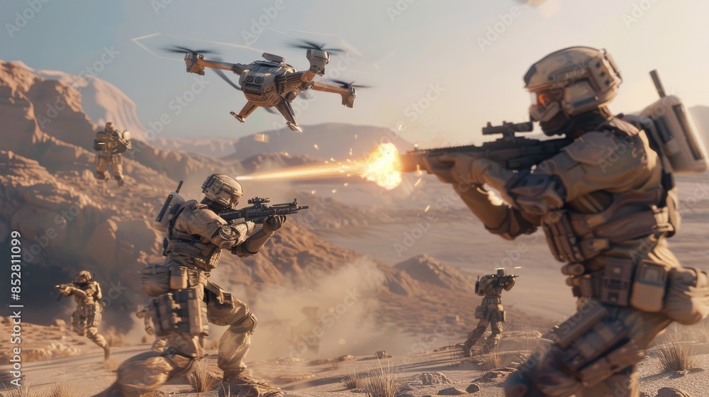 Poster a group of soldiers are fighting in a desert with a man in the middle of the action, holding a rifle