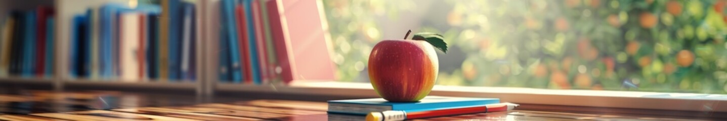 Web banner back to school, apple on the book and pencil near the window