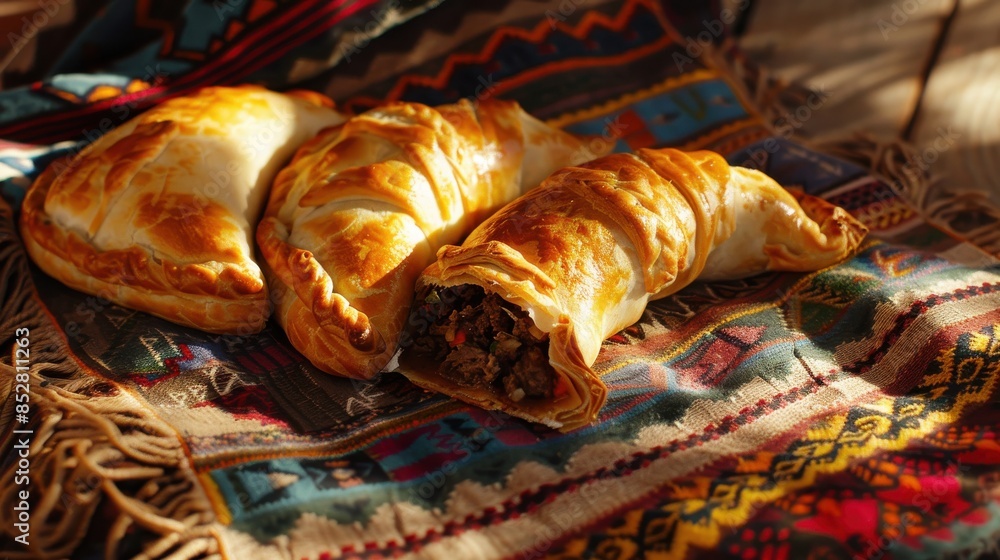 Poster three pastries are on a table with a colorful blanket underneath. the pastries are filled with meat 