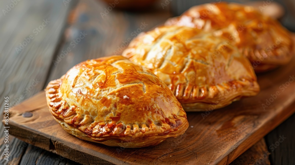 Poster three pastries with a golden crust sit on a wooden cutting board. the pastries are arranged in a row