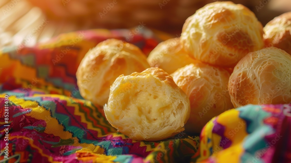 Poster a bunch of pastries are on a colorful cloth. the cloth has a pattern of stripes and dots