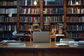 Library desk with books and laptop representing education technology and e learning
