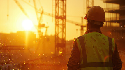 Worker Overseeing Construction Site at Sunset