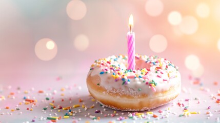 Birthday Donut with Candle and Sprinkles. Celebration Donut with Pink Candle