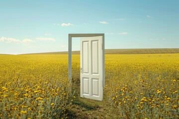 Closeup open white door on the yellow field