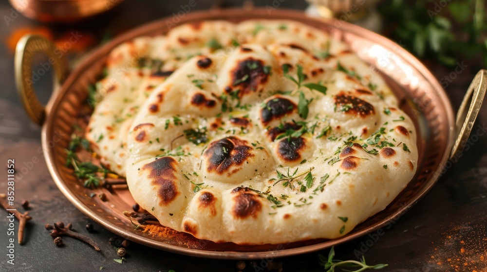 Poster a plate of bread with herbs on top. the bread is brown and has a crispy texture. the herbs are scatt
