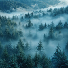 Fototapeta premium Amazing mesmerizing long exposure captures swirling fog weaving through fir trees, natural beauty.