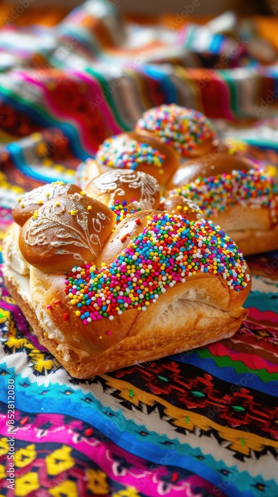 Aufkleber A colorful pastry with sprinkles on top sits on a tablecloth. The tablecloth is colorful and patterned, adding to the festive atmosphere