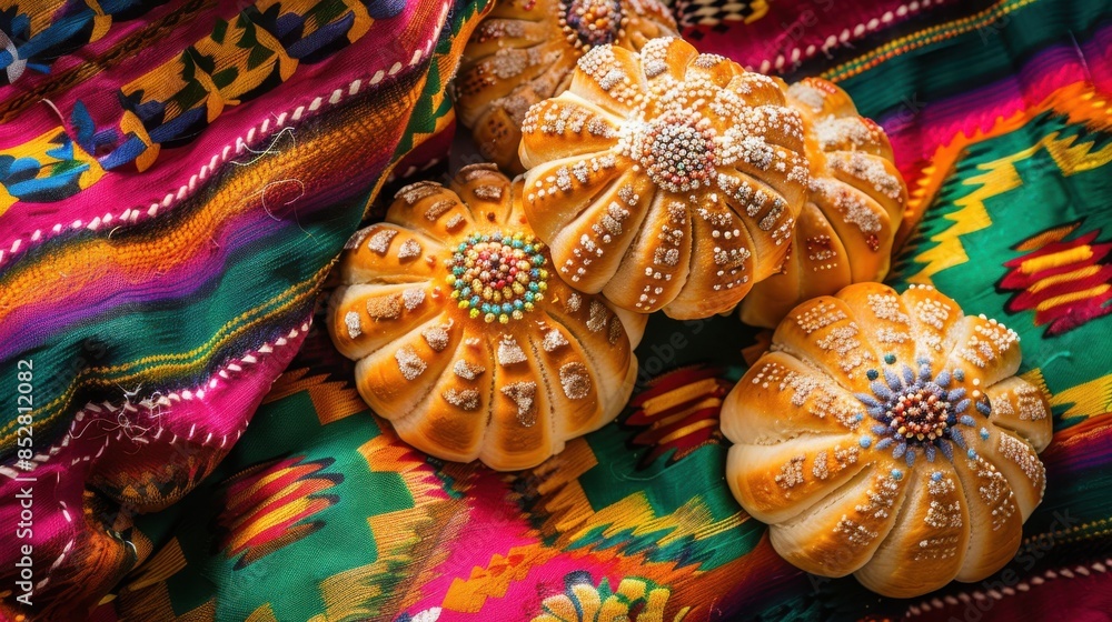 Poster three round pastries with colorful decorations on top sit on a colorful cloth. the cloth is patterne