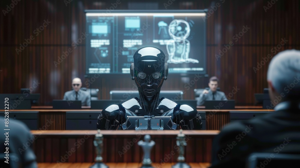 Poster a robot is sitting in a courtroom with a judge and two lawyers. the robot is looking at the camera a