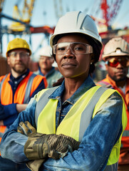 Obraz premium Confident Construction Workers at Dusk