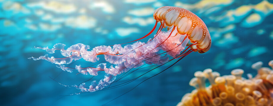 A a lot of jellyfish underwater, real photo, underwater photography, cinematic shot, beautiful light, hyper realistic