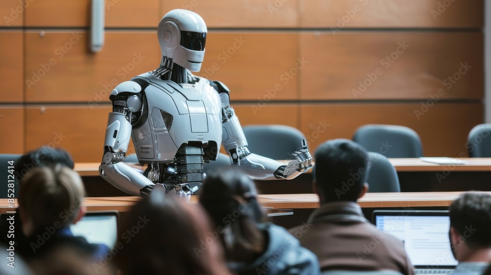 Poster a robot is standing in front of a group of people in a classroom. the robot is giving a presentation