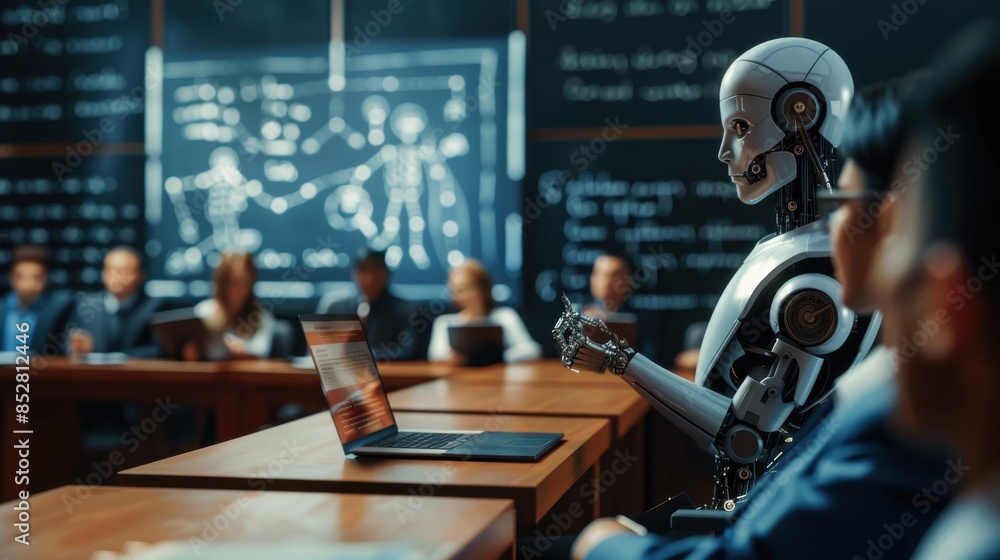 Poster a robot is standing in front of a blackboard with a laptop on the table. the robot is giving a prese