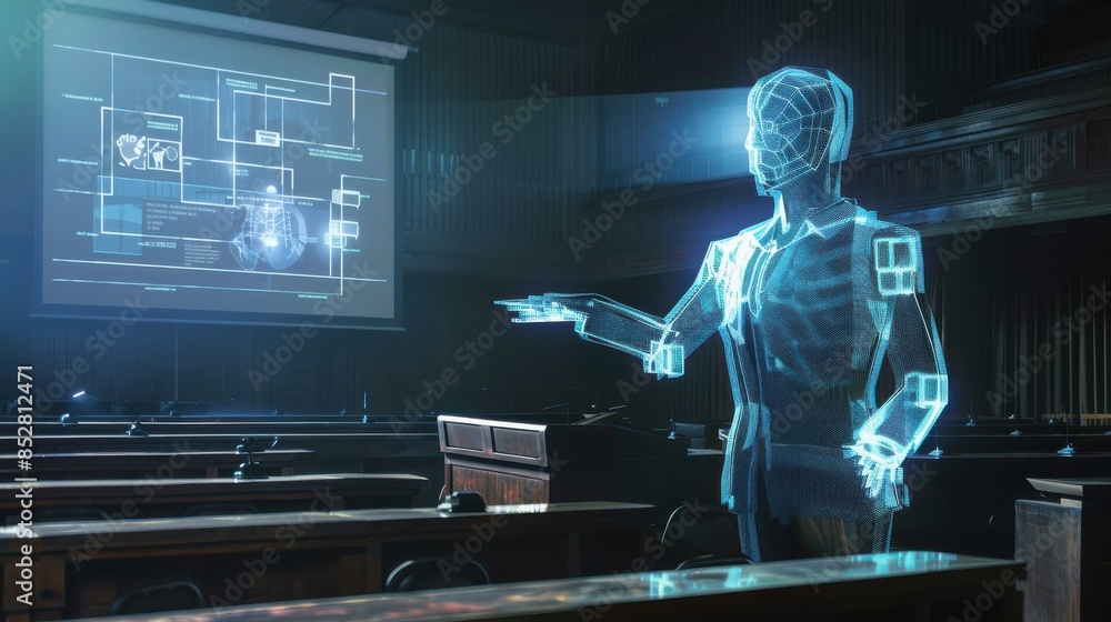 Fototapete A man in a suit is standing in front of a projection screen, pointing to a diagram. Concept of technology and innovation, as the man is likely a presenter or expert in the field