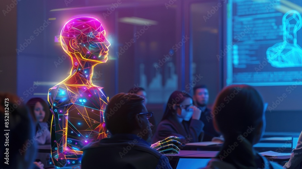 Fototapete a man stands in front of a group of people, with a robot in the background. the robot is made of wir