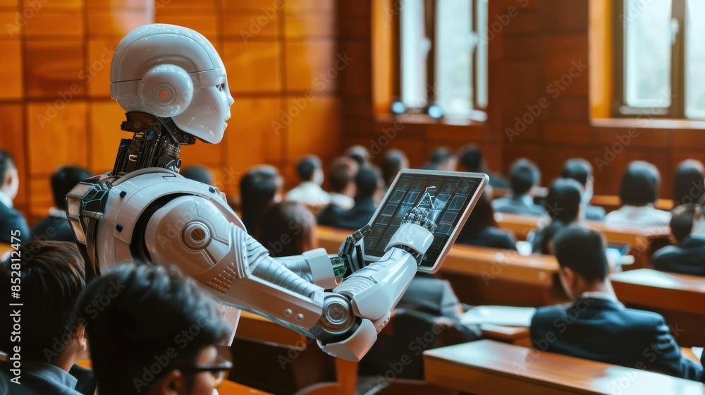 Poster a robot is holding a tablet in front of a crowd of people. the robot is white and has a human-like a